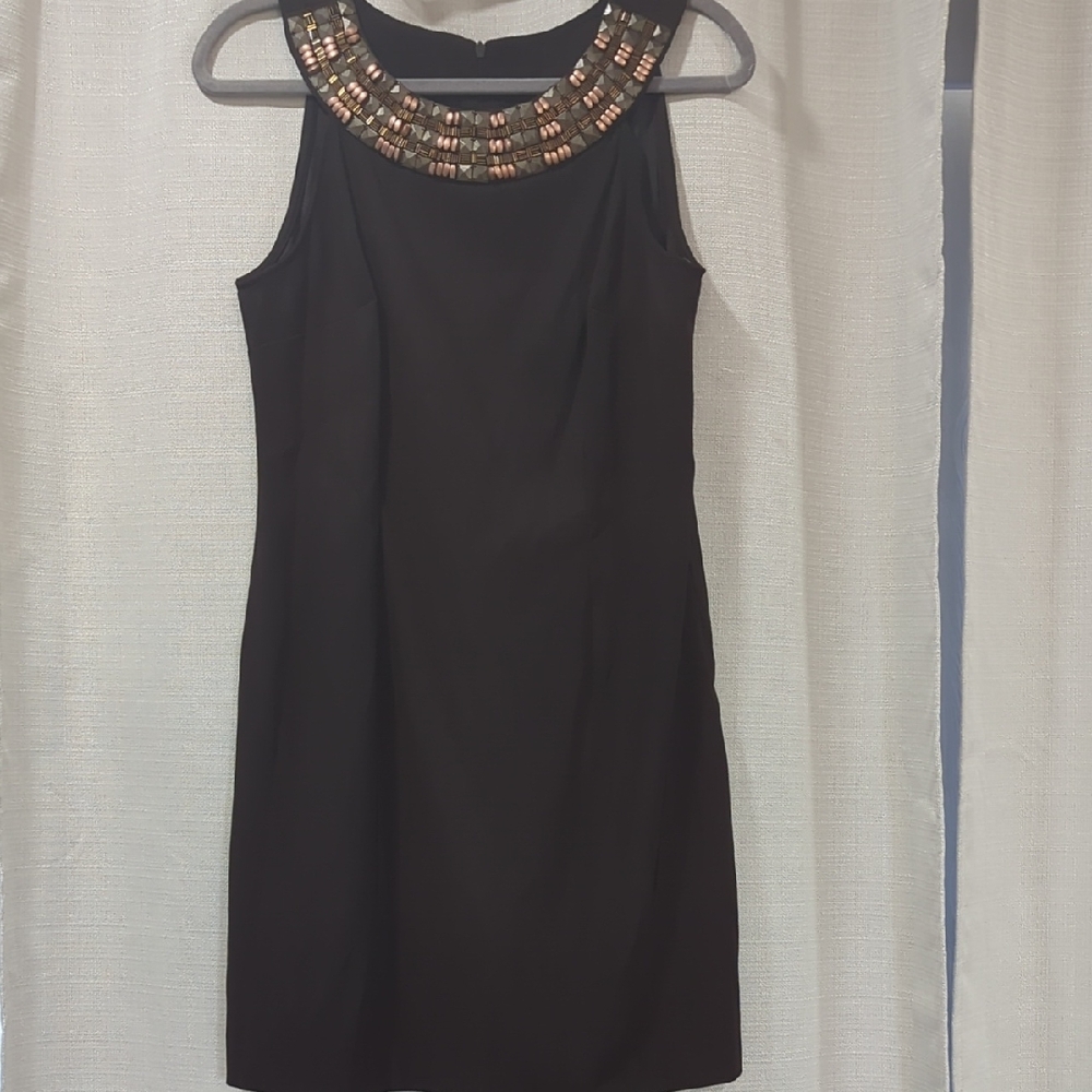 Connected Apparel Brown Dress with Beaded Neckline Petite.